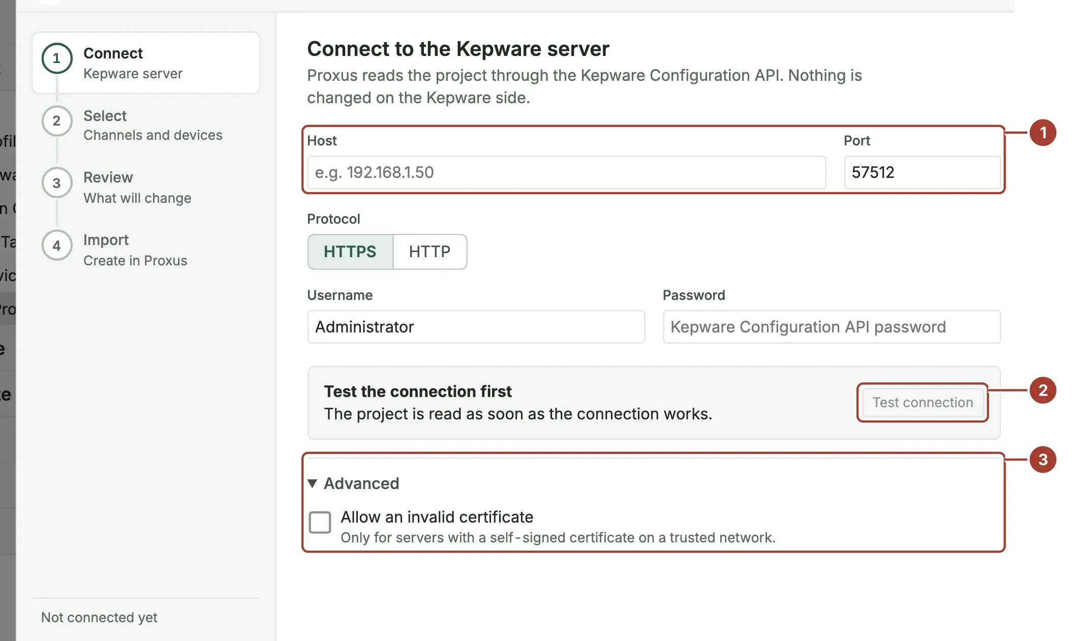 The Kepware connect step with host, port, protocol, user name and password fields and the Test connection button