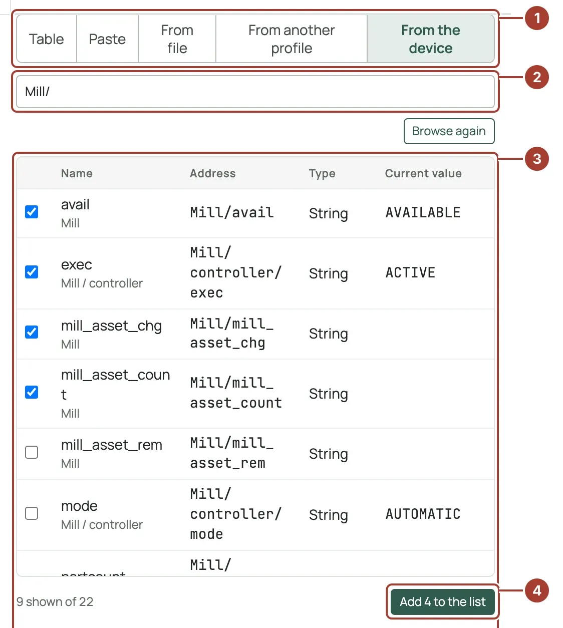 The From the device tab listing the data items of the Mill machine with four of them ticked and the Add 4 to the list button
