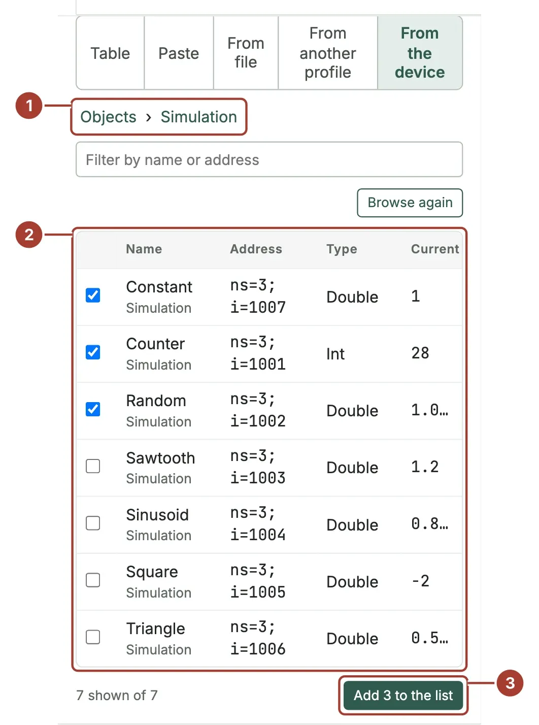 Browsing an OPC UA server folder by folder: tags of the Simulation folder with their node address, data type and current value, three of them selected to add