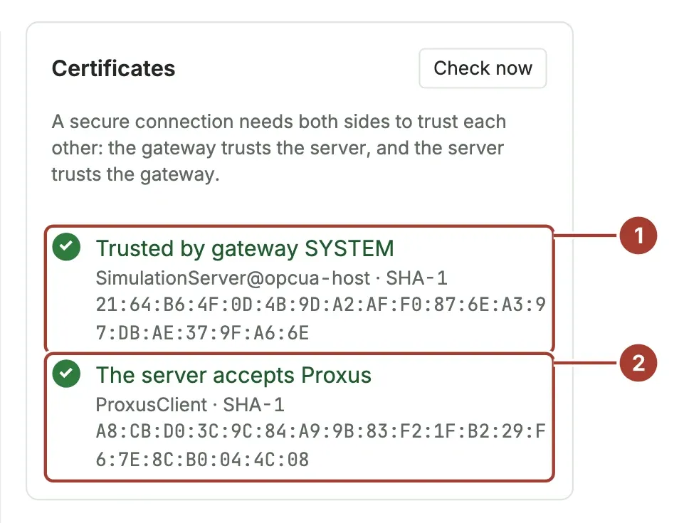 The Certificates panel showing the server trusted by gateway SYSTEM and the server accepting Proxus, each with its fingerprint
