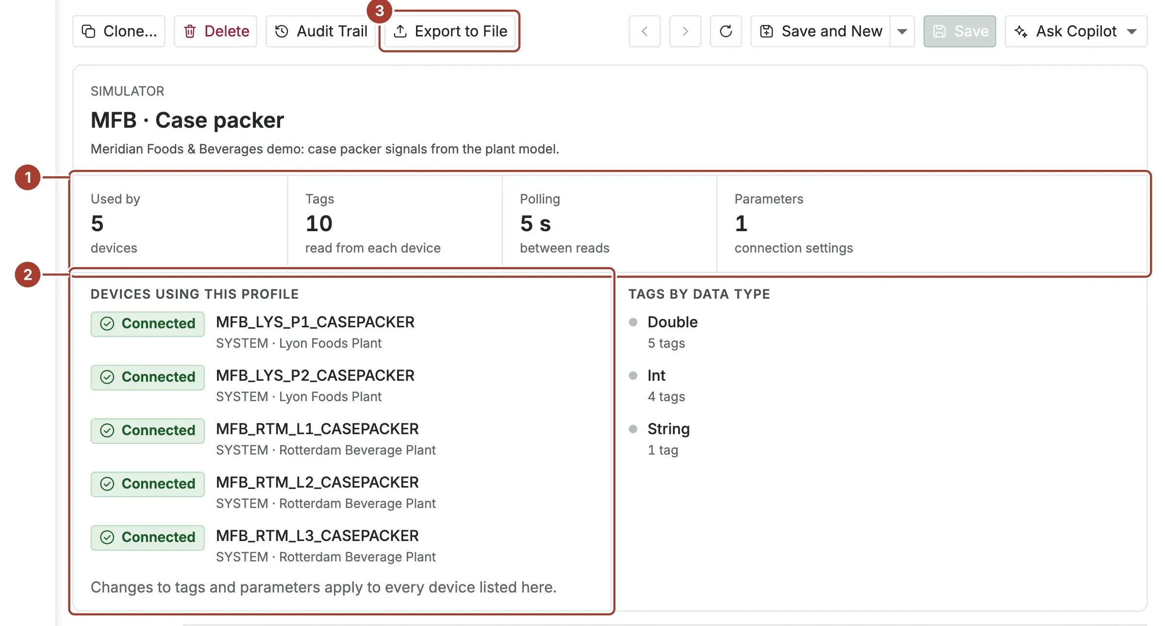 A profile page showing five devices that use it, ten tags, a 5 s polling interval and the tags by data type
