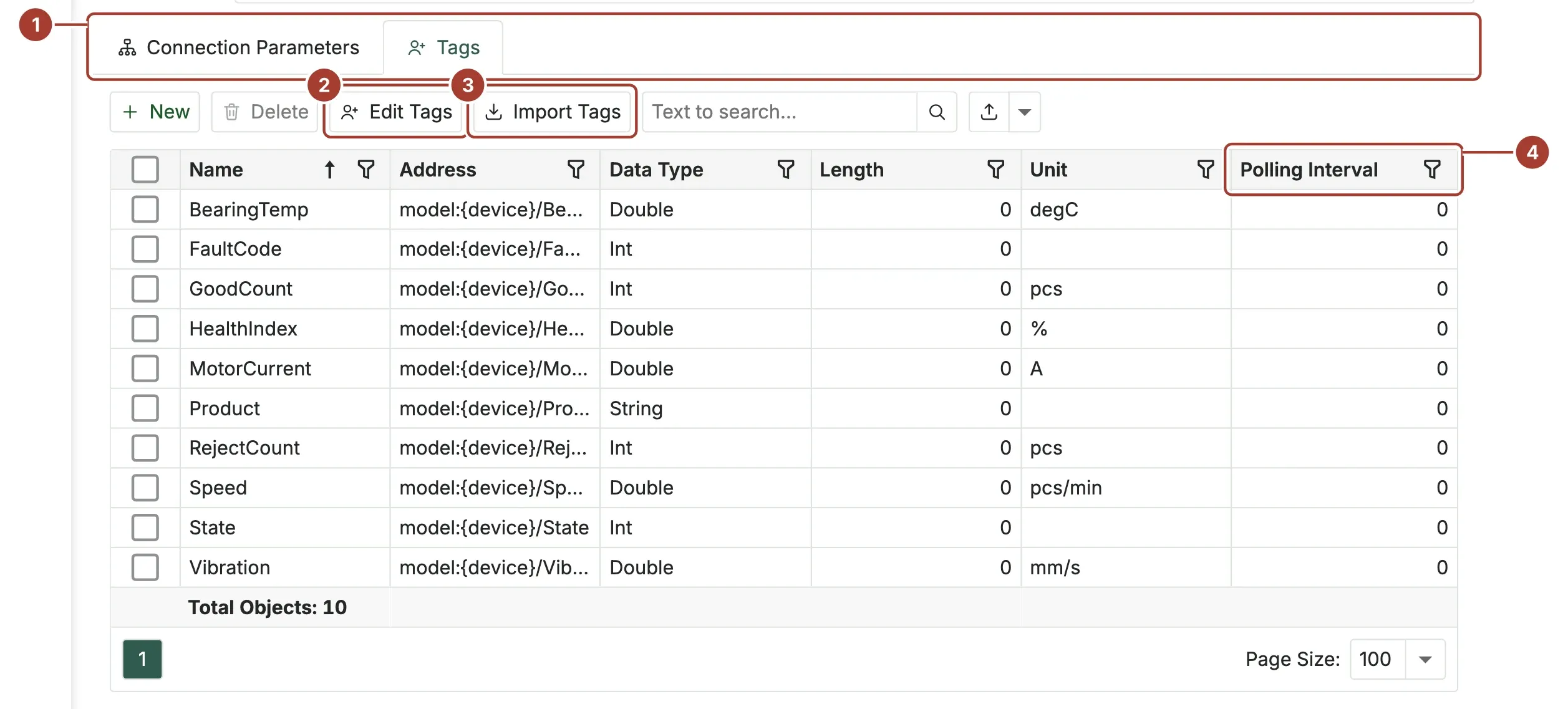 The Tags tab of a profile with the Edit Tags and Import Tags buttons and a list of tags with their addresses and data types