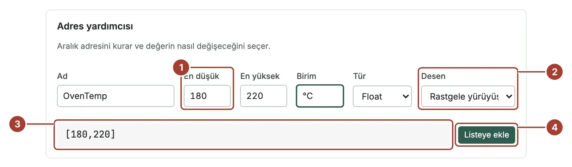 Adres yardımcısı: ad BatchCount, en düşük 0, en yüksek 5000, birim pcs, tip Int ve döngü deseni; oluşan adres [0,5000]