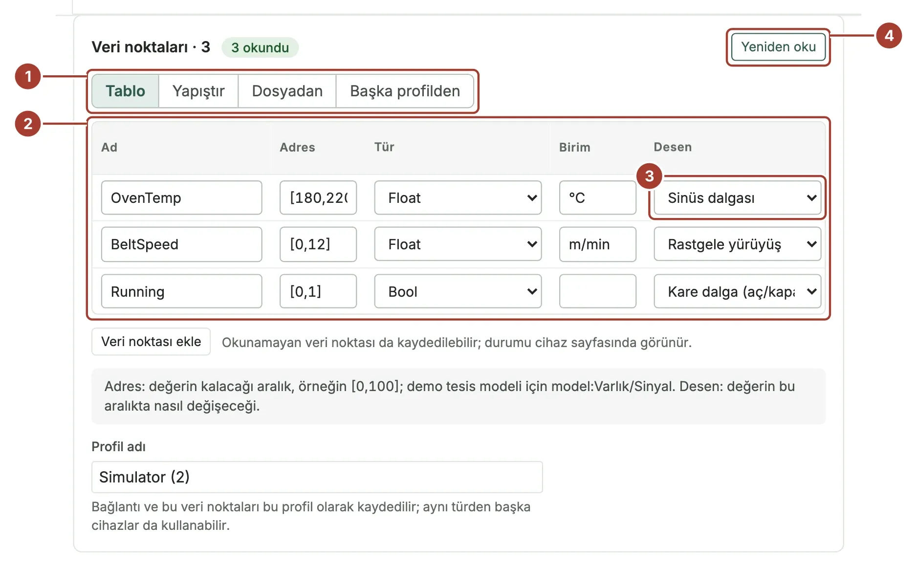 Simülatörün veri noktası tablosu: sinüs dalgalı OvenTemp, rastgele yürüyüşlü BeltSpeed ve kare dalgalı Running; her birinin yanında deneme değeri