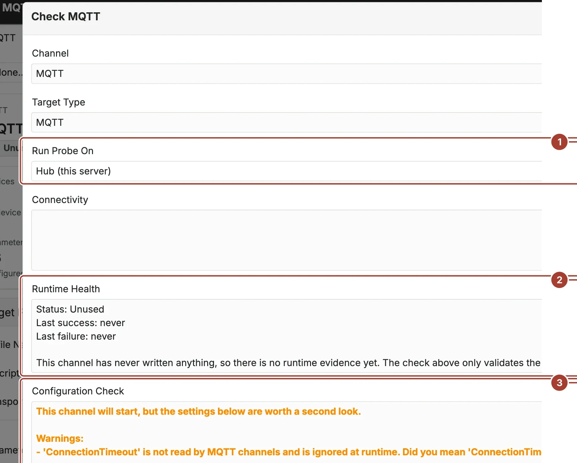 The Check window of an outbound target with Run Probe On, the runtime health and the configuration check