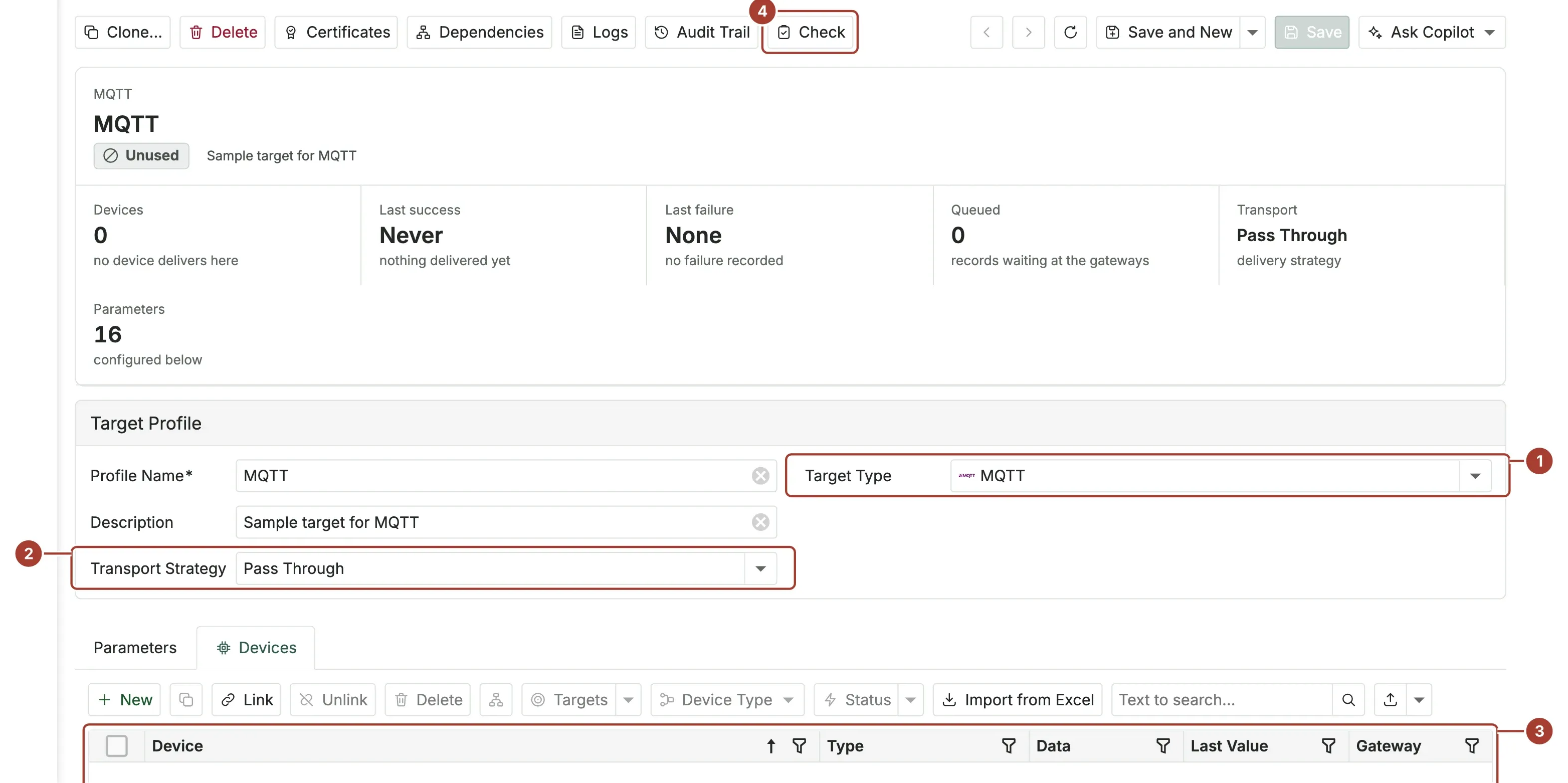 The MQTT sample target with its target type, transport strategy and the list of parameters such as BrokerHost and BrokerPort