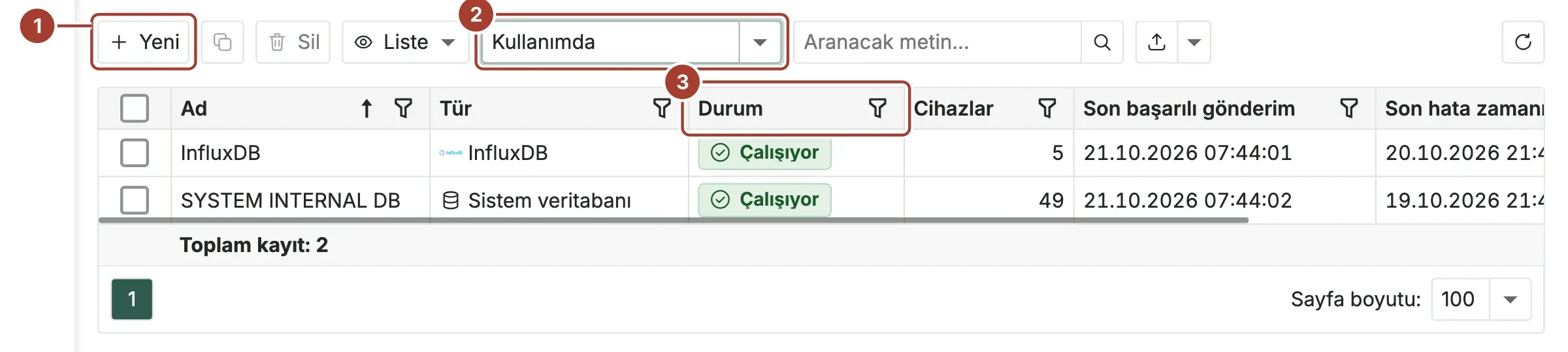 Veri hedefi listesi: Yeni düğmesi, Kullanımda filtresi ve her hedefin durumu