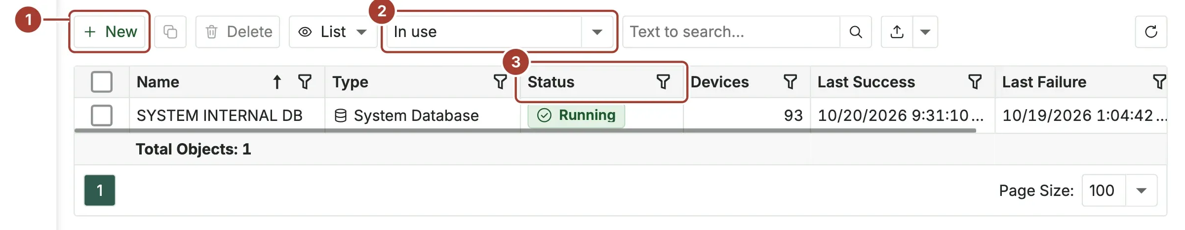 The outbound target list with the New button, the In use filter and the status of each target