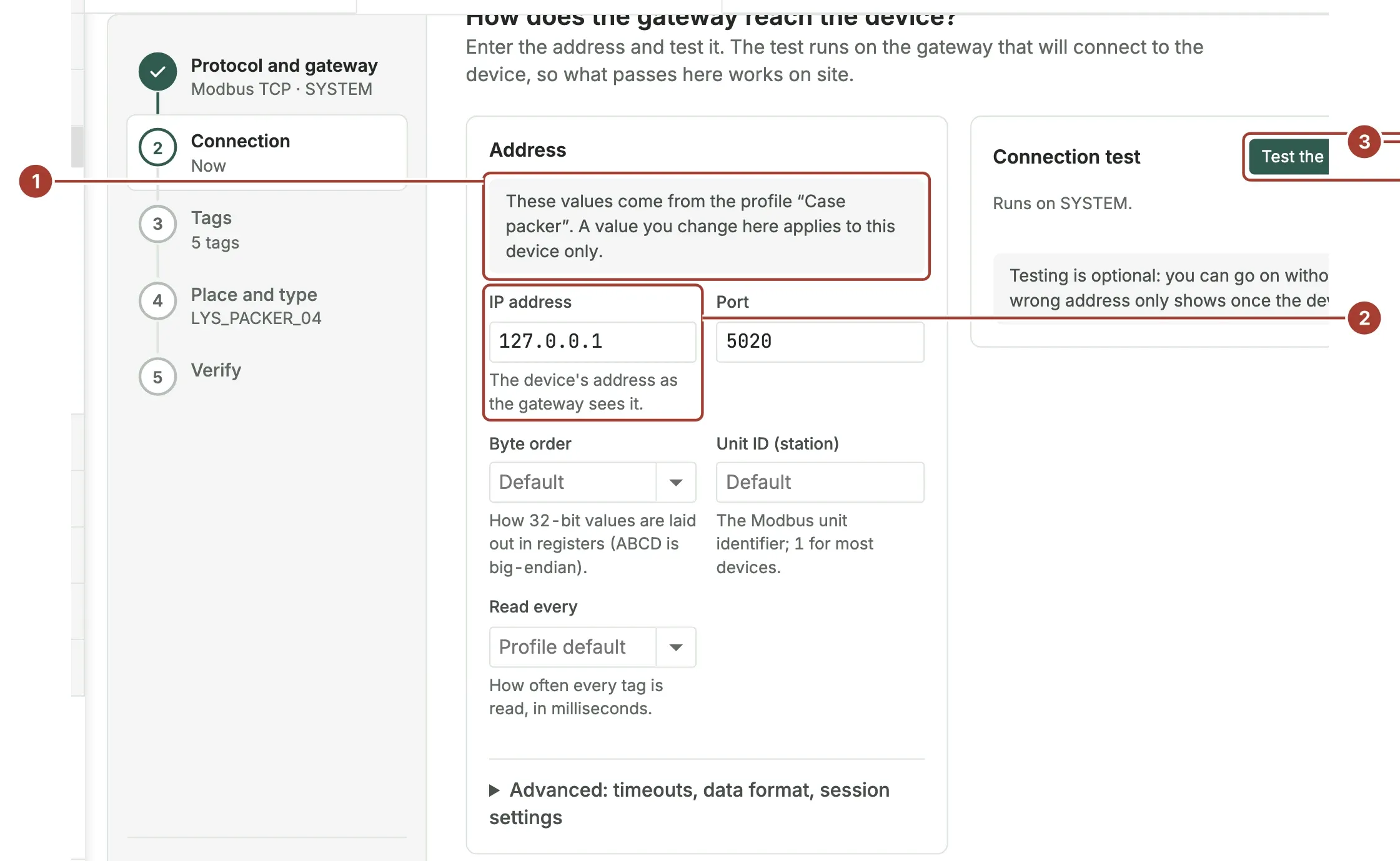 The connection step of an existing device with a note that the values come from the profile Case packer