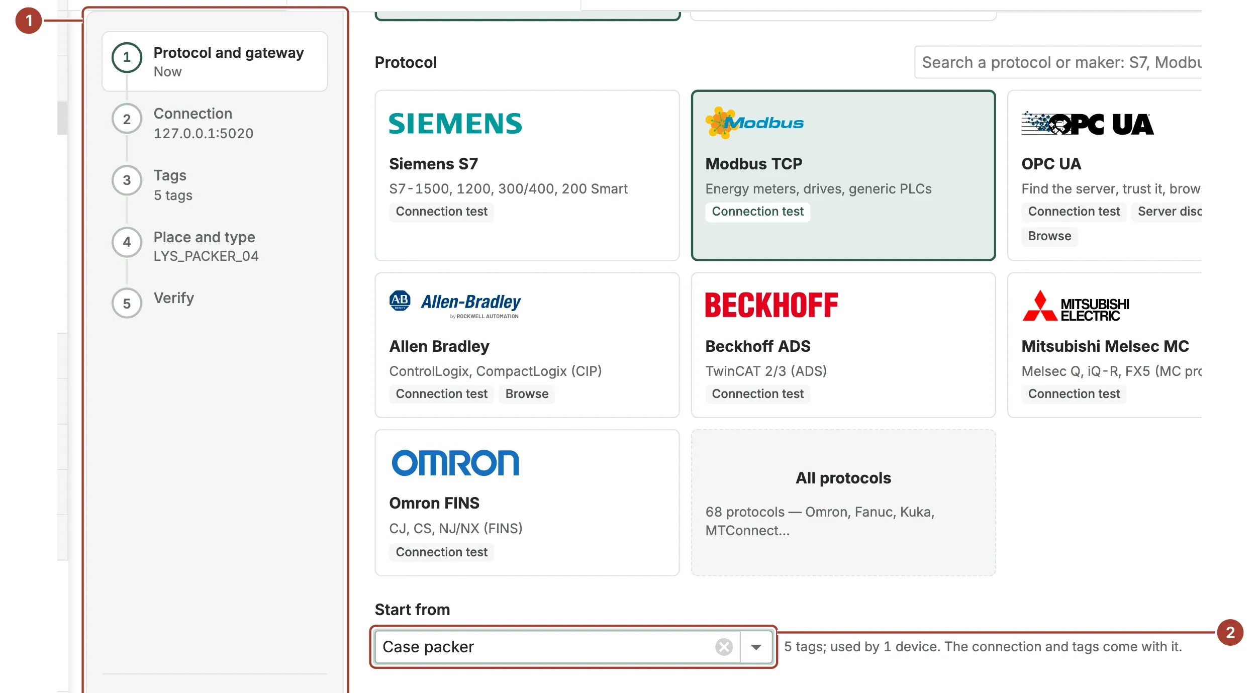 The setup wizard opened for LYS_PACKER_04 with all five steps listed and the device's profile under Start from