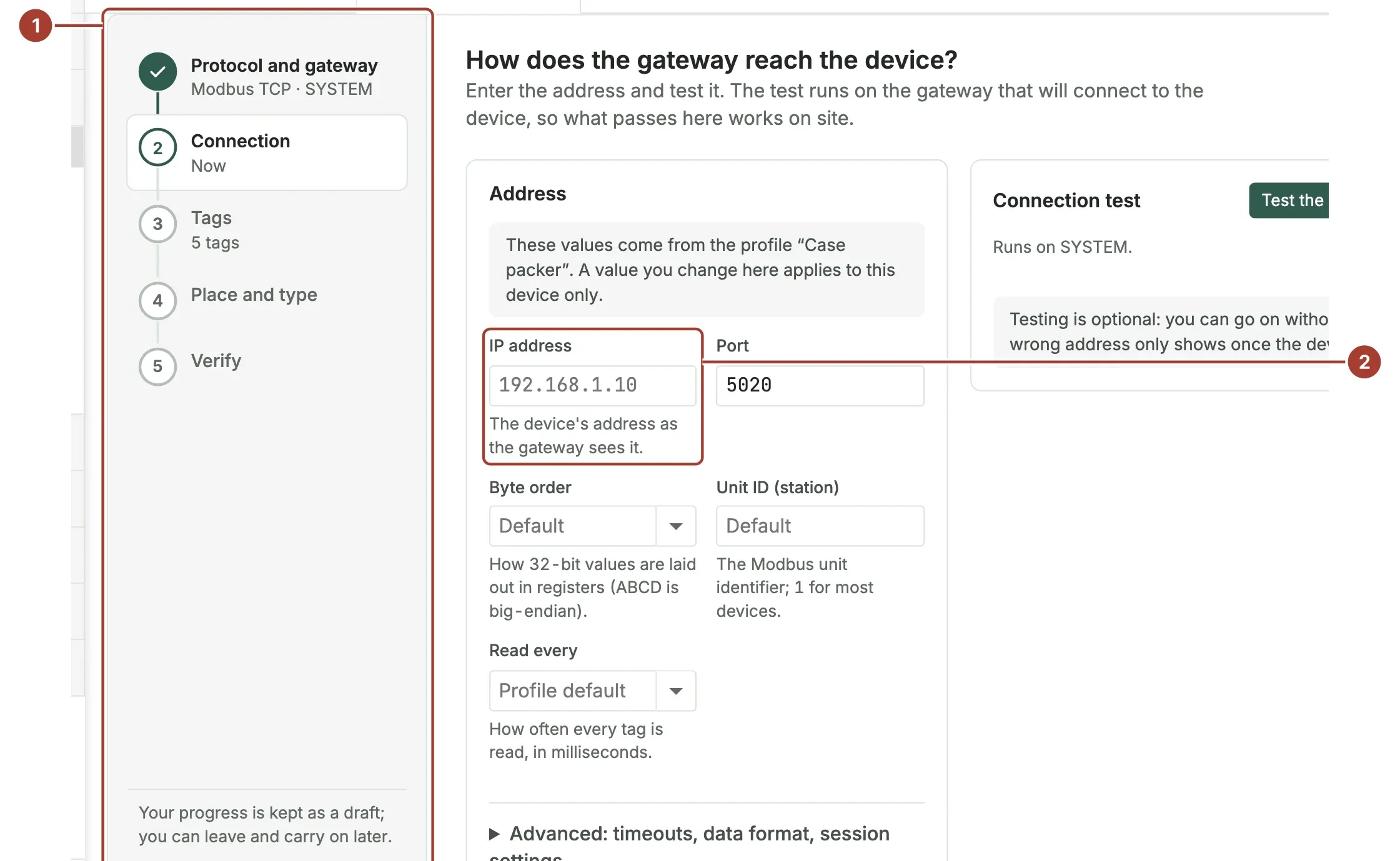 The wizard started from an existing device, on the connection step with an empty IP address field