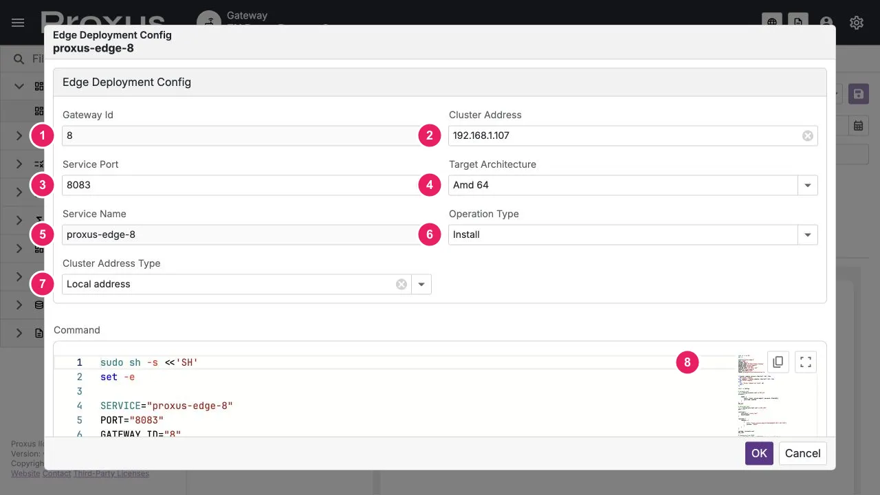 Gateway ID, cluster adresi, servis portu, servis adı, hedef mimari, işlem tipi, cluster adres tipi ve oluşturulan komutu gösteren çalışma zamanı doğrulamalı Deploy to Edge formu