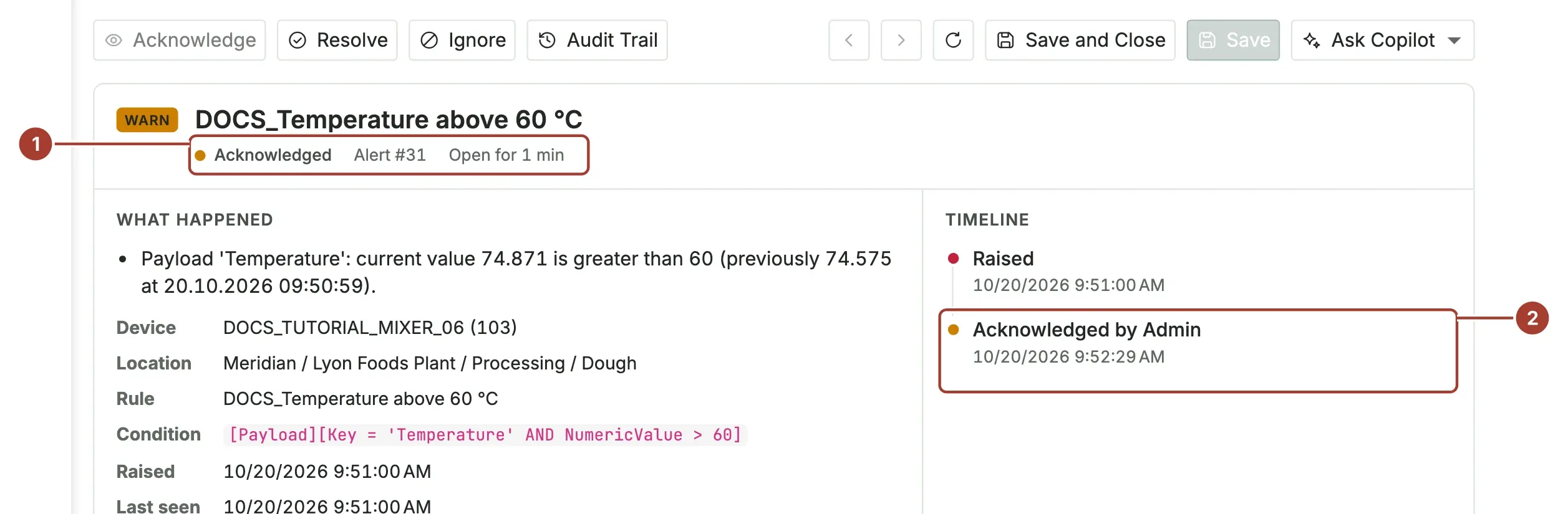 The alarm page after acknowledging: status Acknowledged in the header and Acknowledged by Admin in the timeline