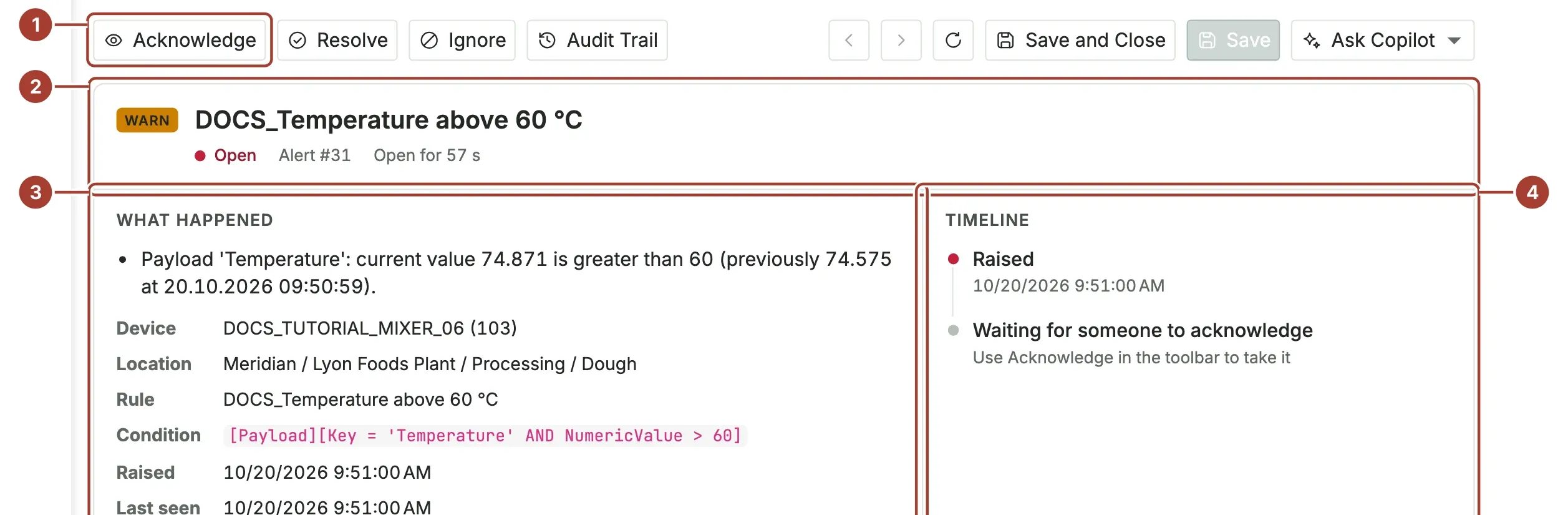 An open alarm page with the WARN badge, the What happened section with the device and condition, and a timeline waiting for acknowledgement