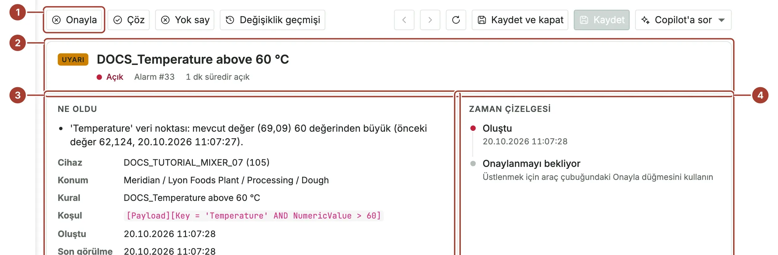 Açık bir alarmın sayfası: UYARI rozeti, cihaz ve koşulu gösteren Ne oldu bölümü ve onay bekleyen zaman çizelgesi