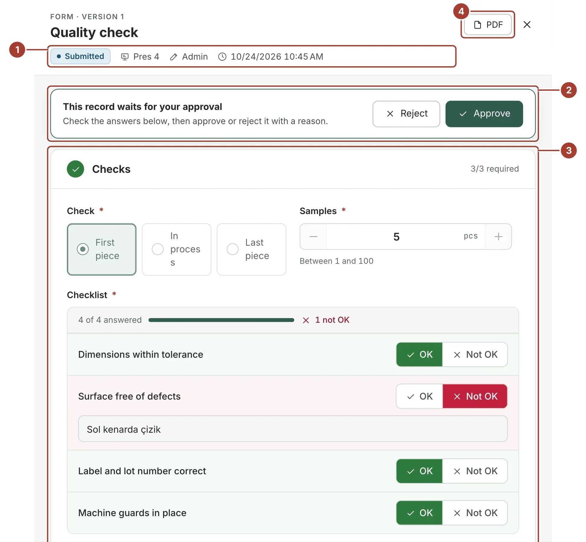 A Quality check record opened beside the list, waiting for approval, with its answers shown as the form