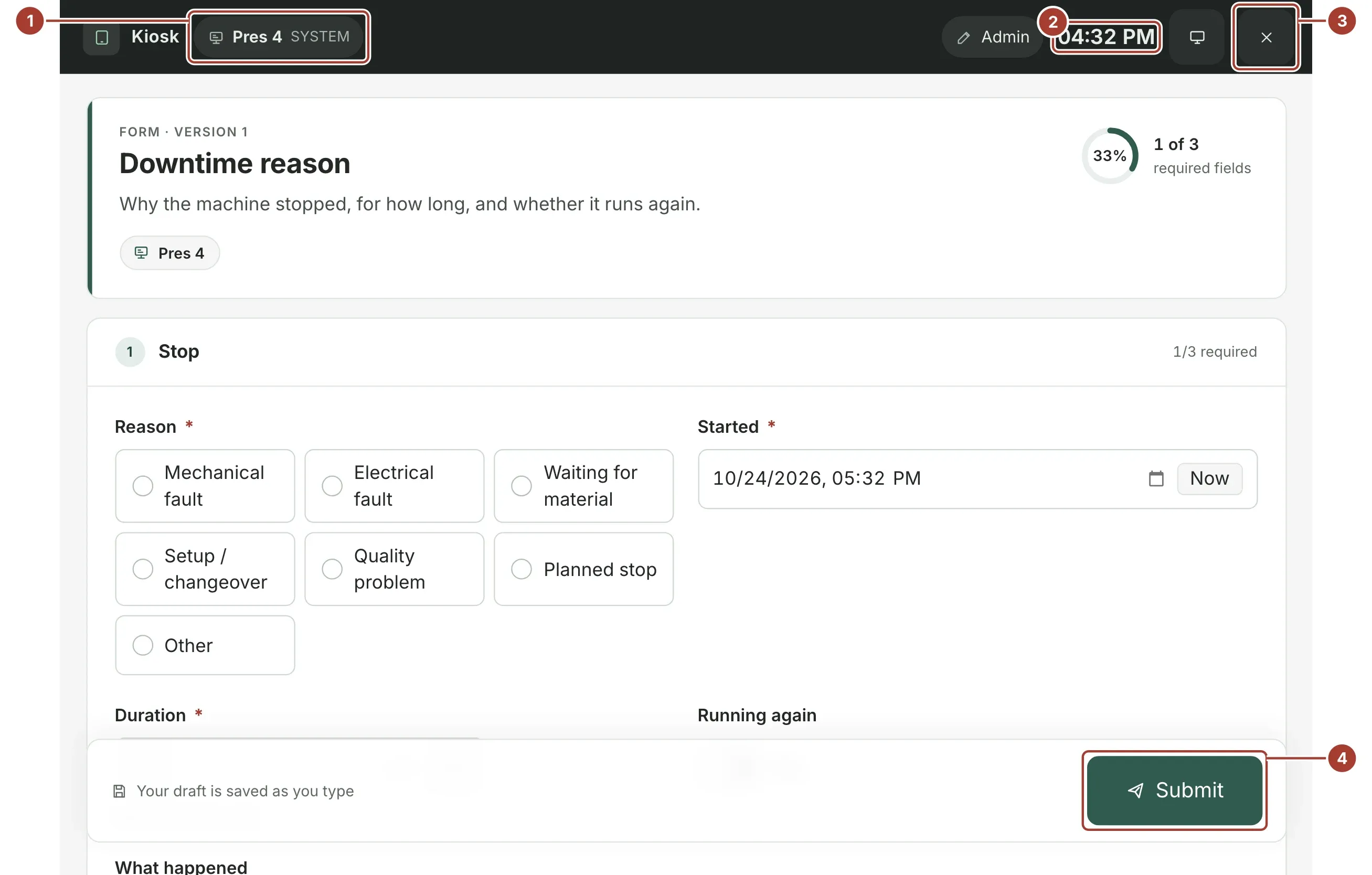 The Downtime reason form in kiosk mode on a tablet, with the device, the person, the clock and the Submit button