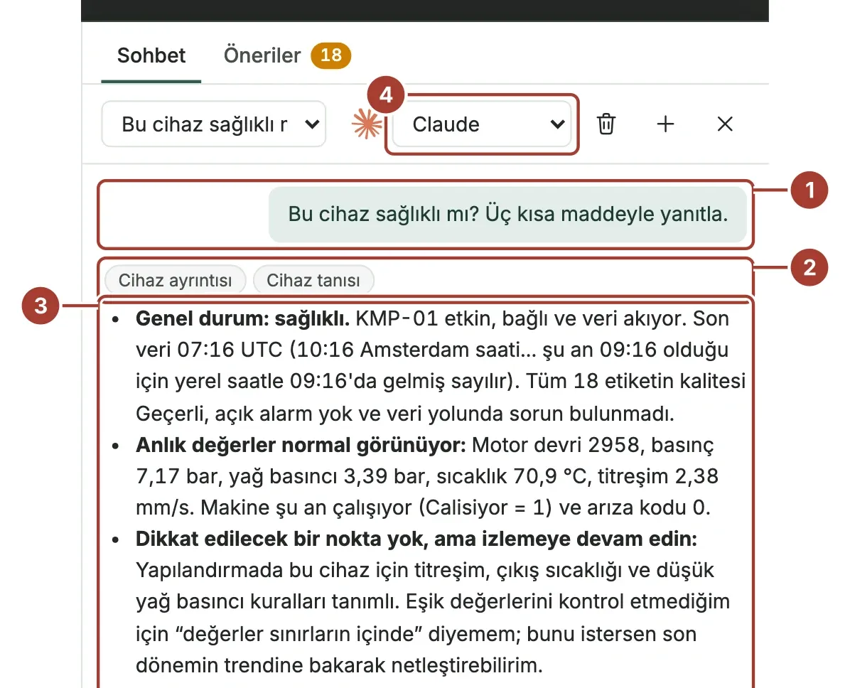 KMP-01 cihazında Copilot yan paneli: soru, Cihaz ayrıntısı ve Cihaz tanısı kaynakları, üç maddelik yanıt ve yapay zekâ hizmeti listesi