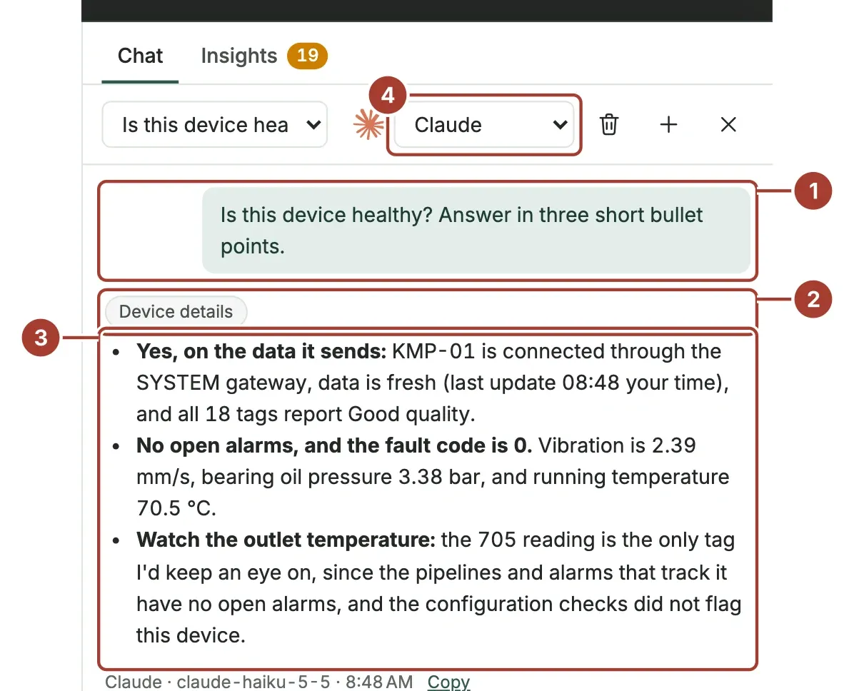 The Copilot side panel on the device KMP-01: the question, the sources Device details and Device diagnosis, a three-point answer and the AI service list