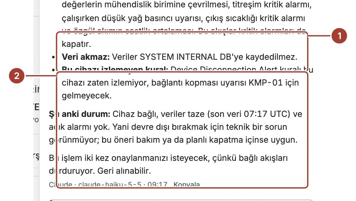 KMP-01 cihazını kapatma önerisi kartı: Etkin alanının önceki ve sonraki hali, cihaza bağlı işlem akışları, hedef ve kural, Onayla ve uygula ile Reddet düğmeleri