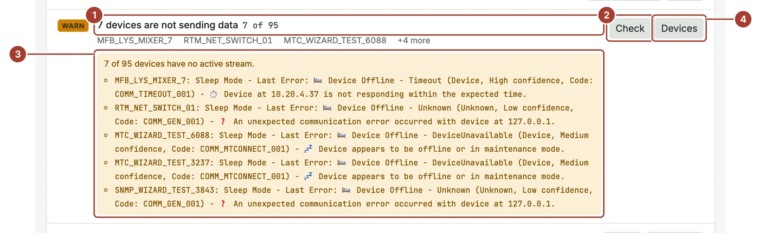 The Needs attention item 1 device is not sending data after Check, listing MFB_LYS_MIXER_7 with a timeout as its last error