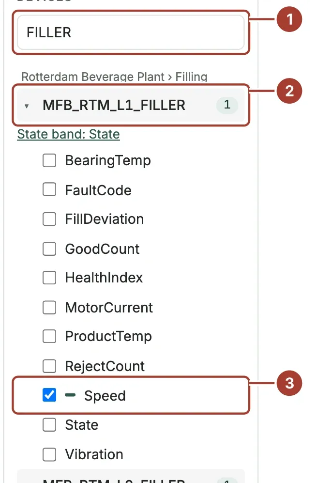 The Devices panel with FILLER typed in the search box, MFB_RTM_L1_FILLER opened and its Speed tag ticked