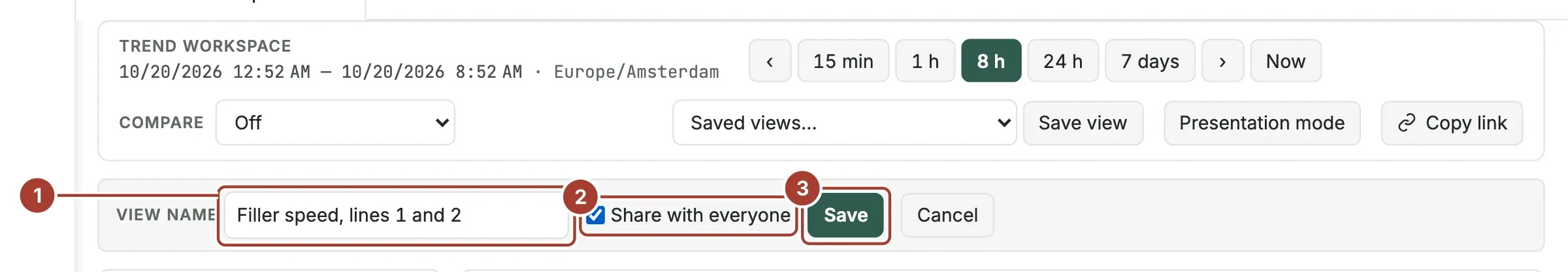 The save form below the toolbar with the view name Filler speed, lines 1 and 2, Share with everyone ticked and the Save button