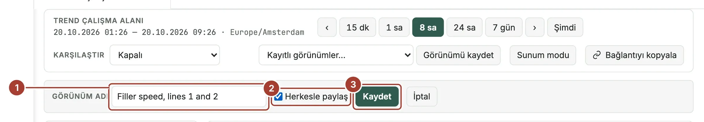 Araç çubuğunun altındaki kaydetme formu: görünüm adı Filler speed, lines 1 and 2, Herkesle paylaş işaretli ve Kaydet düğmesi