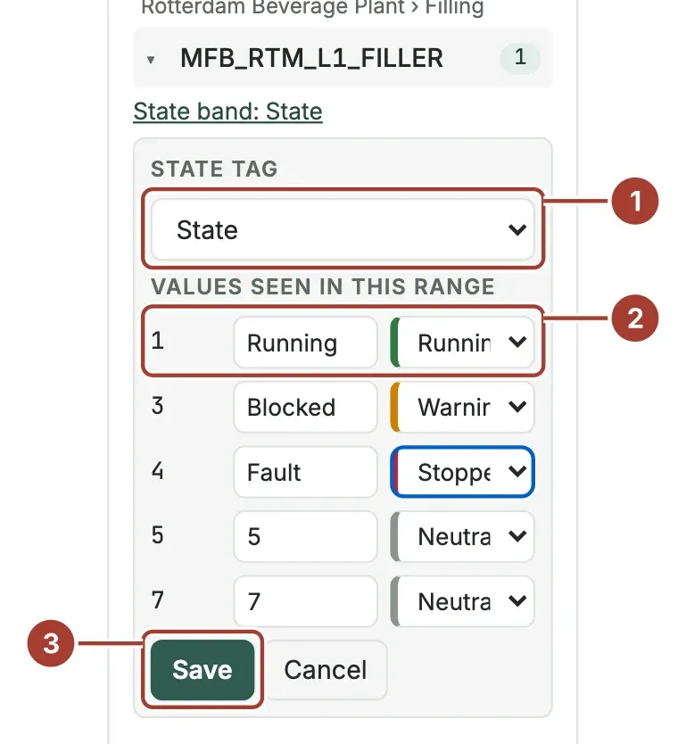 The state band form for MFB_RTM_L1_FILLER with the State tag chosen and values 1, 3 and 4 labelled Running, Blocked and Fault