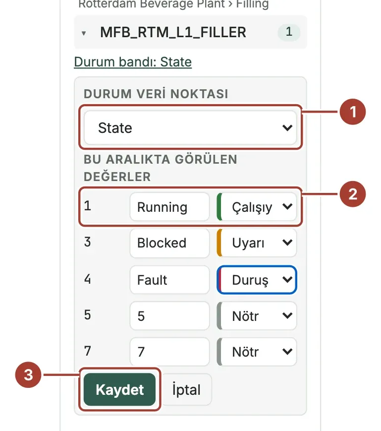 MFB_RTM_L1_FILLER için durum bandı formu: State veri noktası seçili, 1, 3 ve 4 değerleri Running, Blocked ve Fault olarak etiketlenmiş