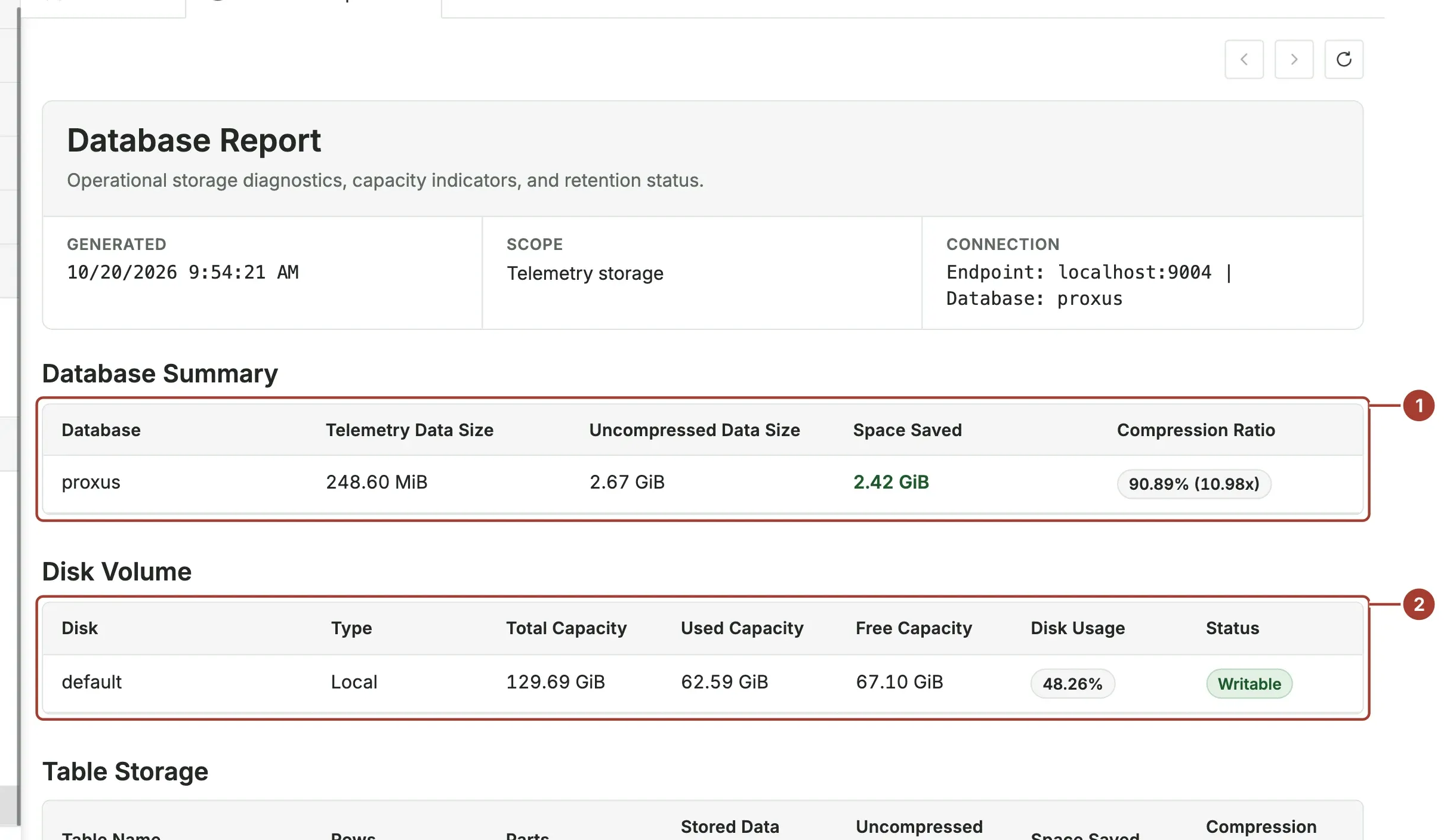 The Database Health report with the Database Summary and Disk Volume tables marked