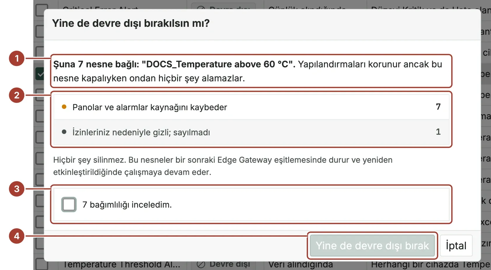 DOCS_Temperature above 60 °C alarm kuralı için Yine de devre dışı bırakılsın mı? penceresi: bağımlılıkların listesi, onay kutusu ve Yine de devre dışı bırak düğmesi