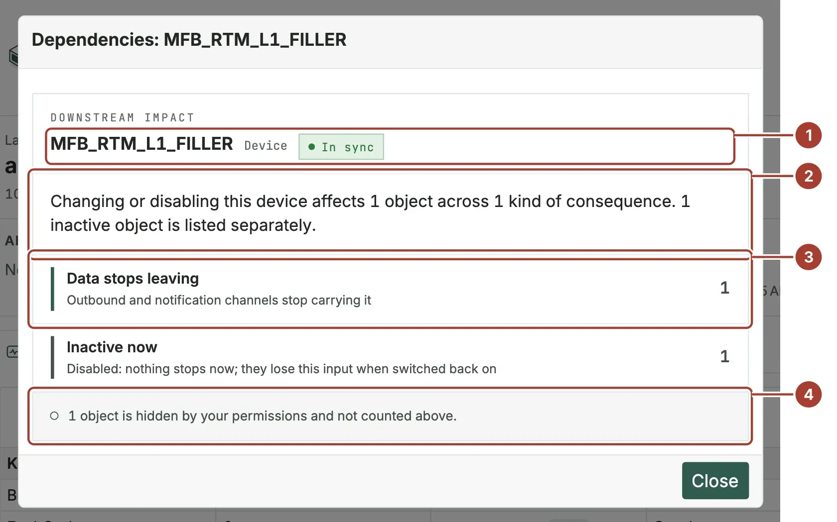 The Dependencies dialog of MFB_RTM_L1_FILLER showing that one outbound target stops receiving data and one inactive rule is listed separately