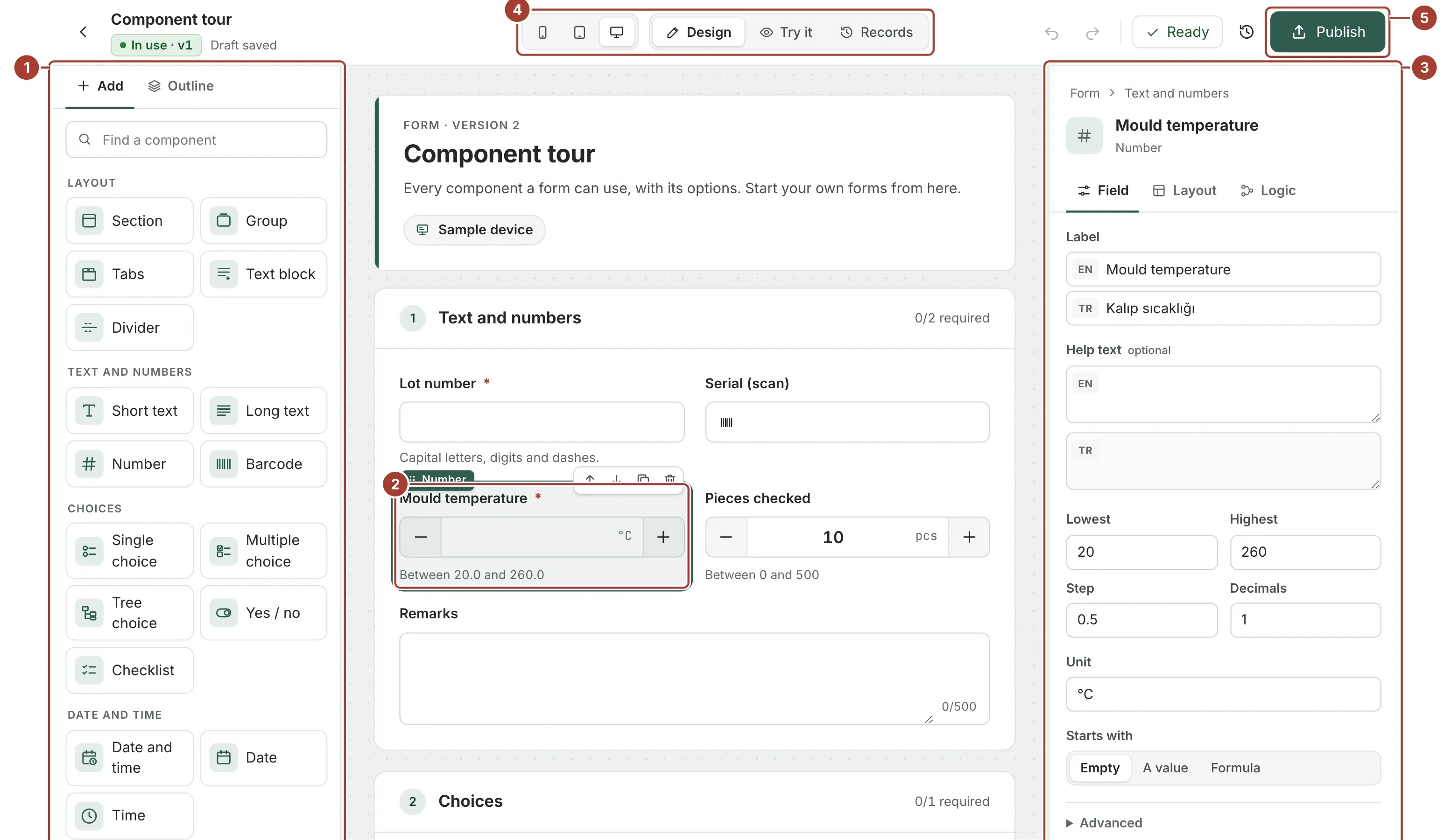 The form designer with the component palette on the left, the form in the middle with the Mould temperature field selected, and the field's settings on the right