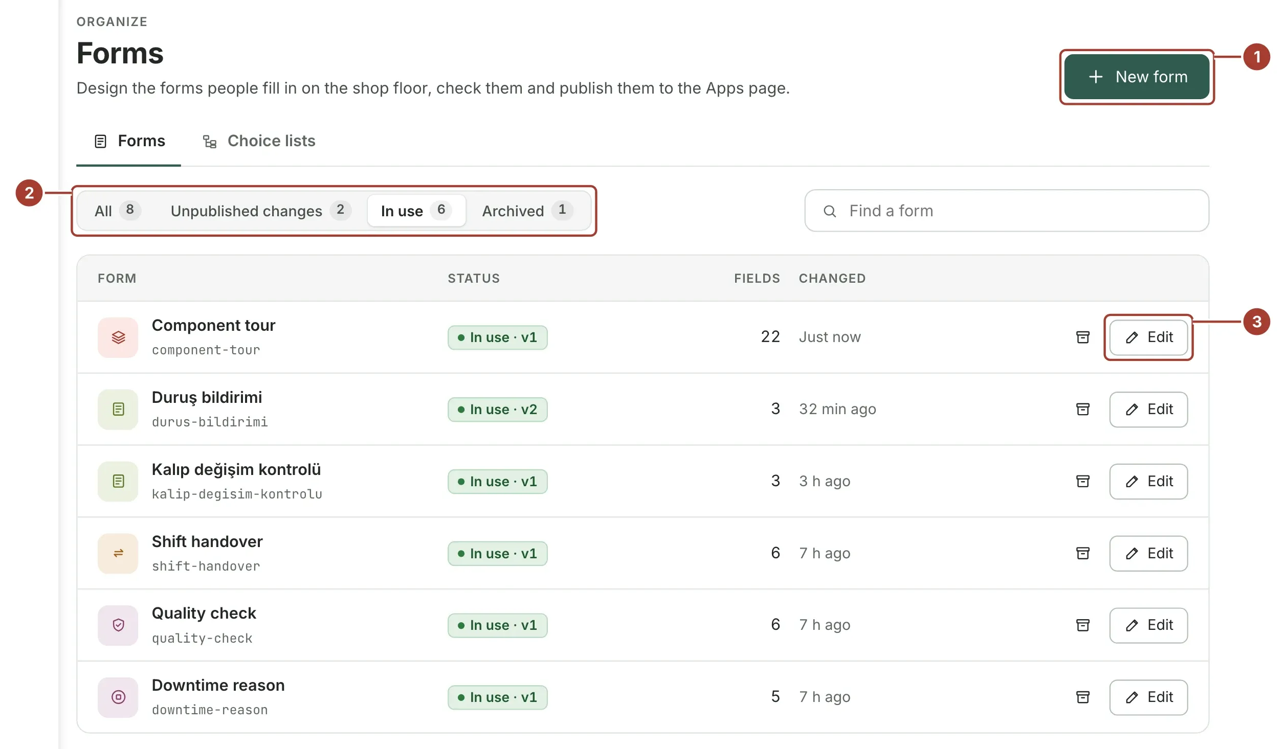 The Forms list with four forms, their status, number of fields and last change, and the New form button