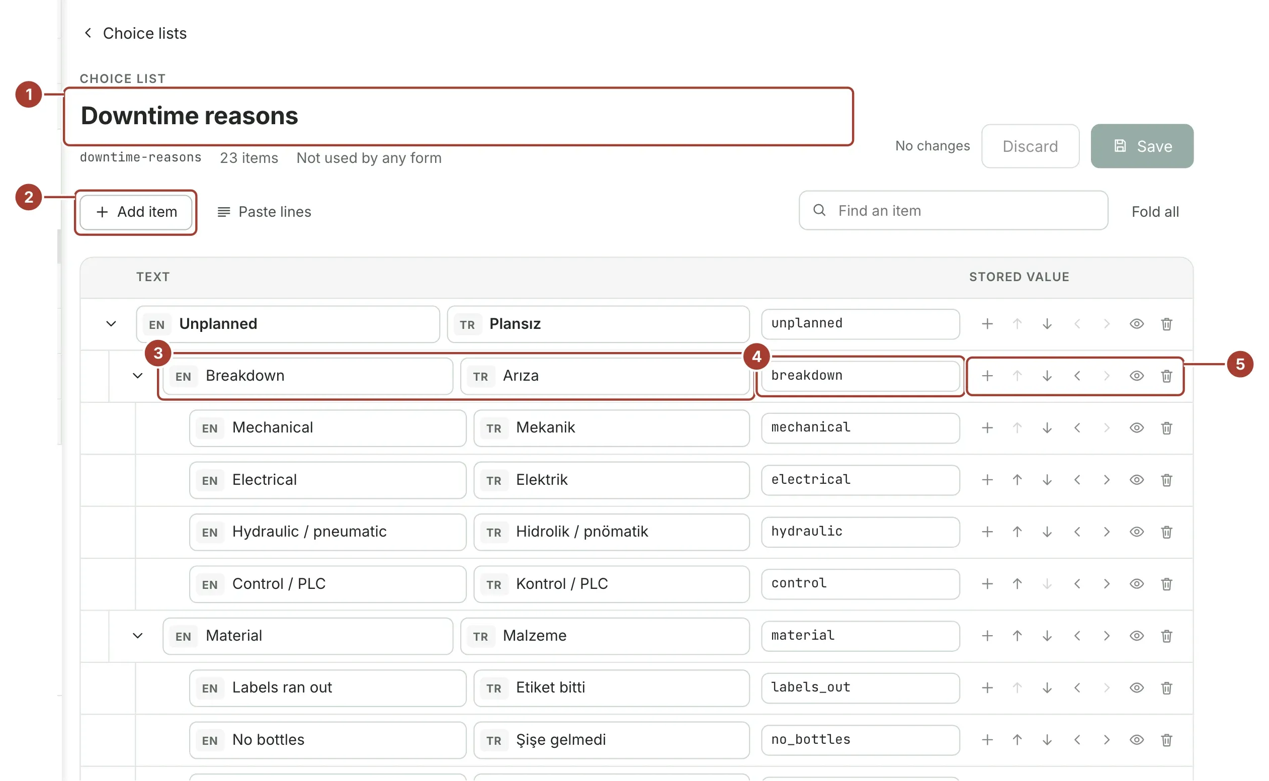 The Downtime reasons choice list open in the list editor, with Unplanned › Breakdown and its items, each with an English and a Turkish text and a stored value