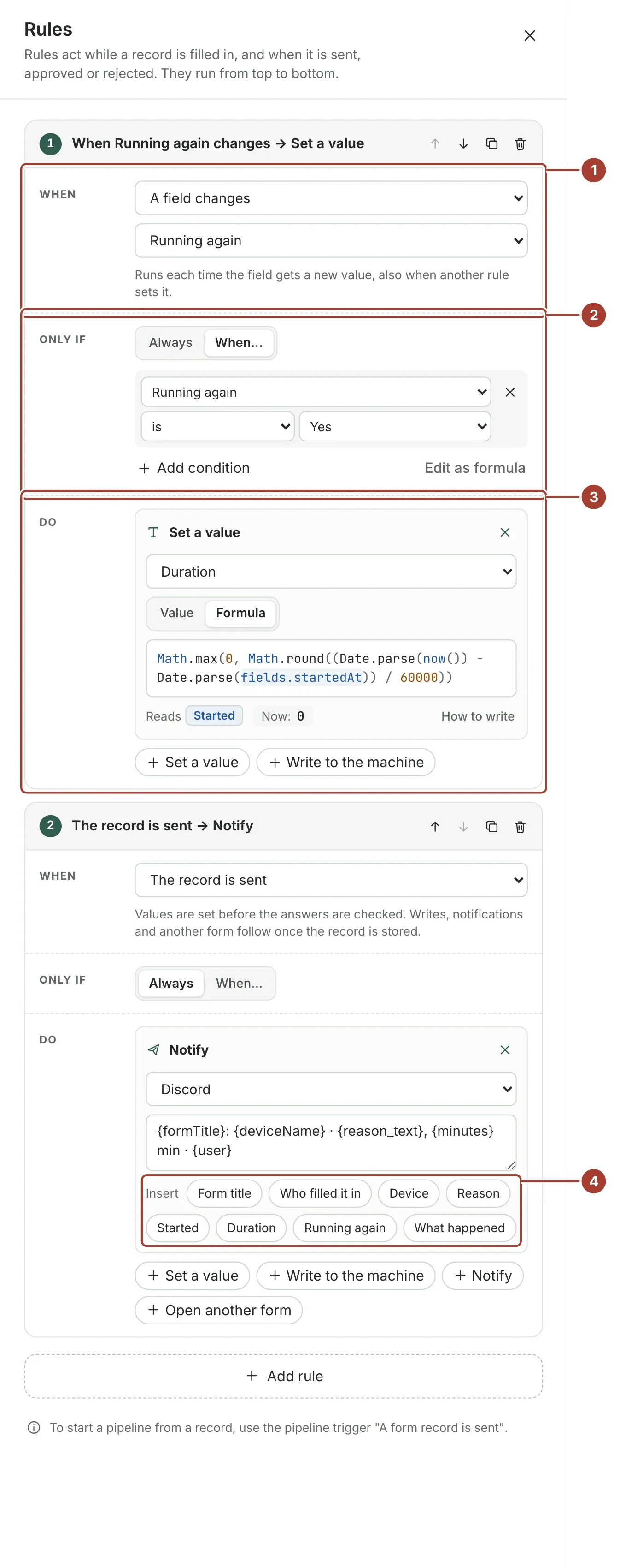 The Rules drawer of the Downtime reason form: rule 1 works out the duration when Running again is set to yes, rule 2 notifies a channel when the record is sent