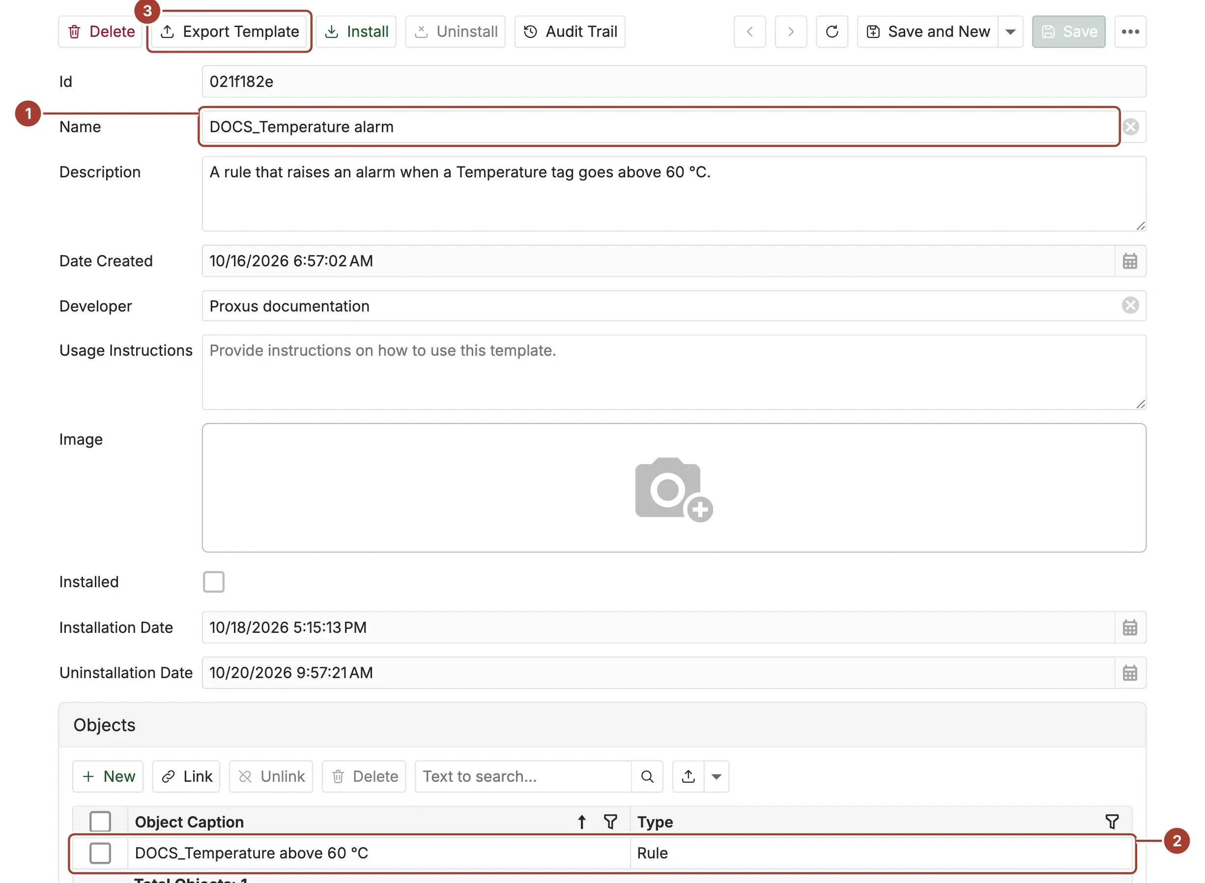 The template DOCS_Temperature alarm with its name, description and developer, and one rule in the Objects list