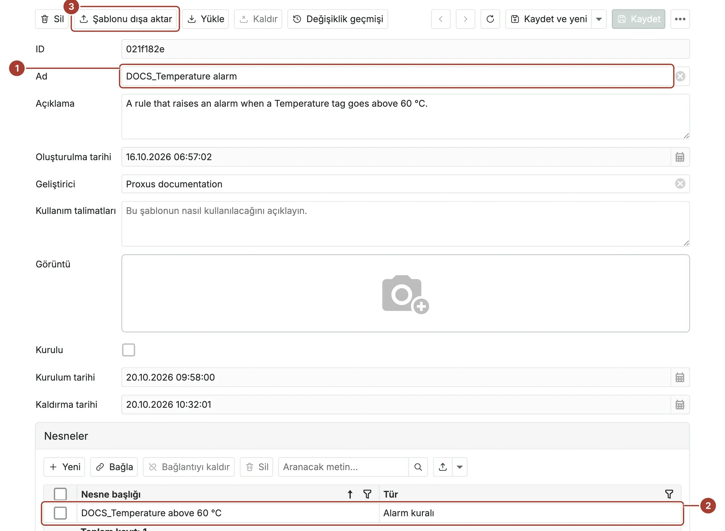 Adı, açıklaması ve geliştiricisiyle DOCS_Temperature alarm şablonu; Nesneler listesinde bir alarm kuralı