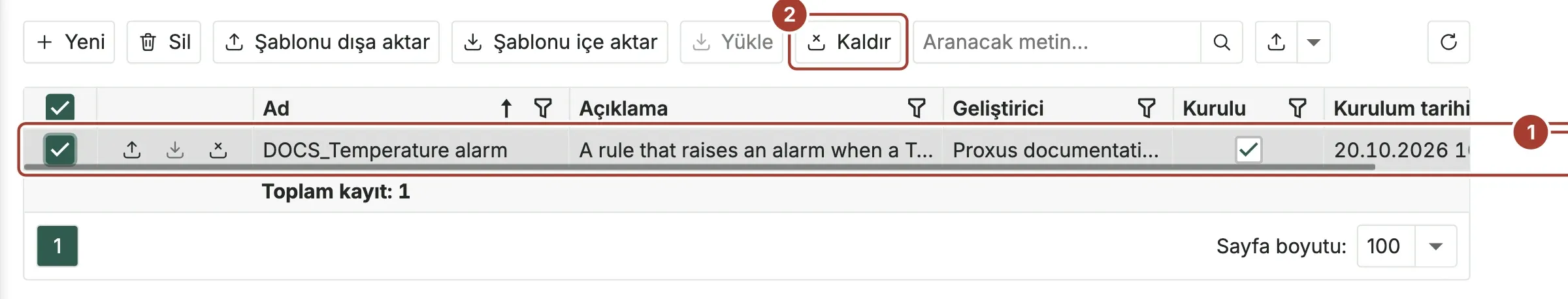 DOCS_Temperature alarm şablonunun kurulu olarak işaretlendiği şablon listesi ve kullanılabilir Kaldır eylemi