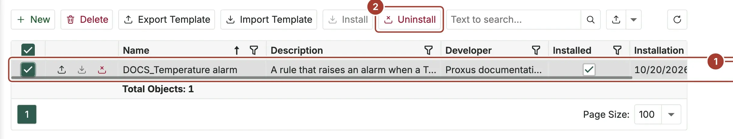 The template list with DOCS_Temperature alarm ticked as installed and the Uninstall action available