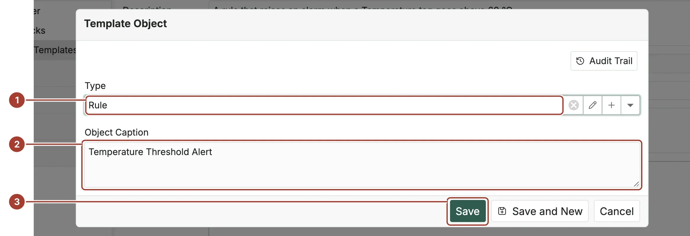 The Template Object dialog with Rule chosen as the type and the selected rule's name filled in as its caption