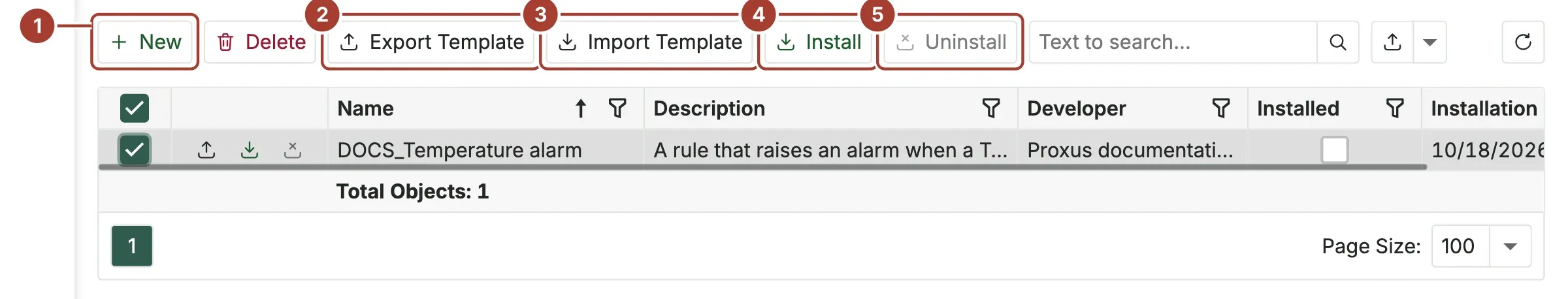 The App Templates list with DOCS_Temperature alarm selected and the Install action in the toolbar