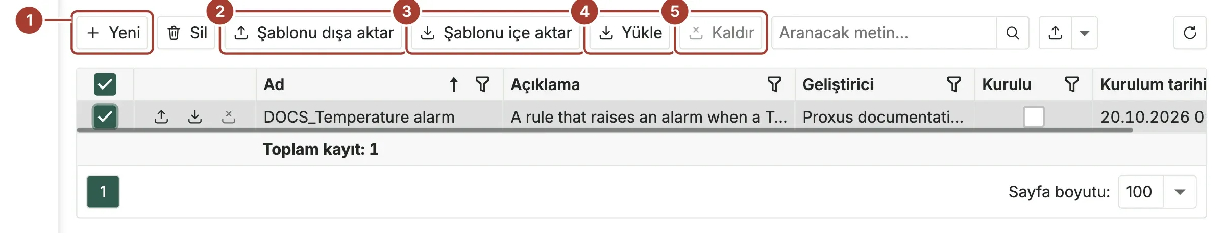Bir şablonun seçili olduğu Hazır çözümler listesi; araç çubuğunda Yeni, Şablonu dışa aktar, Şablonu içe aktar, Yükle ve Kaldır eylemleri