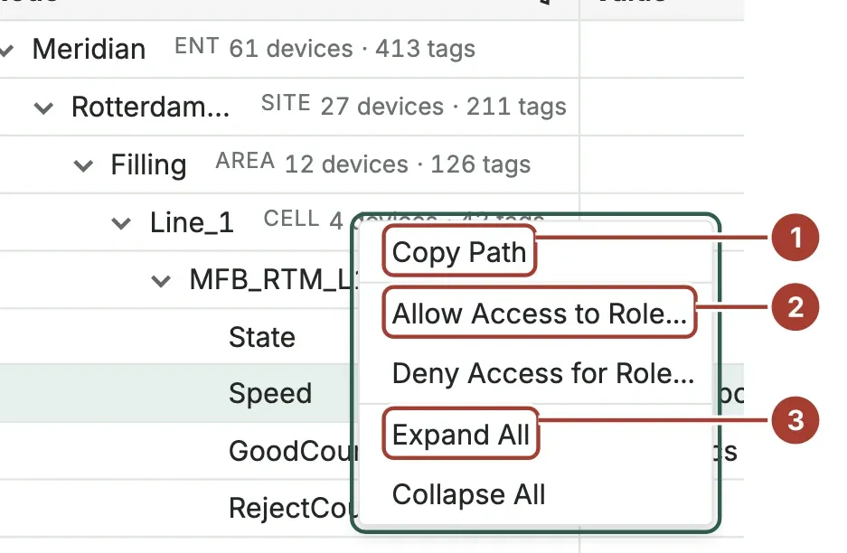 The right-click menu of the Line_1 node with Copy Path, Allow Access to Role, Deny Access for Role, Expand All and Collapse All