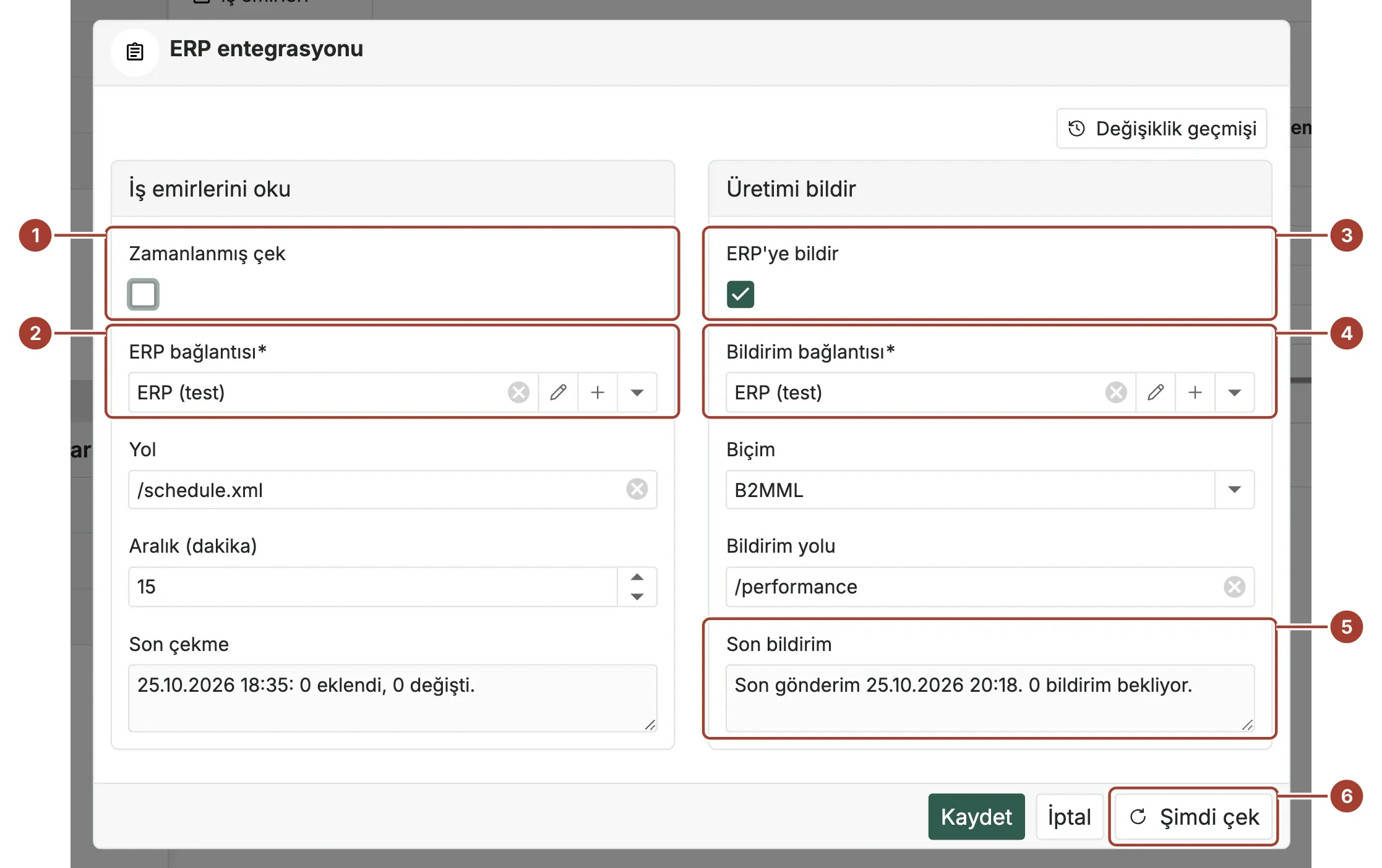 ERP entegrasyonu penceresi: İş emirlerini oku bölümünde ERP (test) REST bağlantısı ve /schedule.xml yolu, Üretimi bildir bölümünde /performance yoluna B2MML gönderimi açık