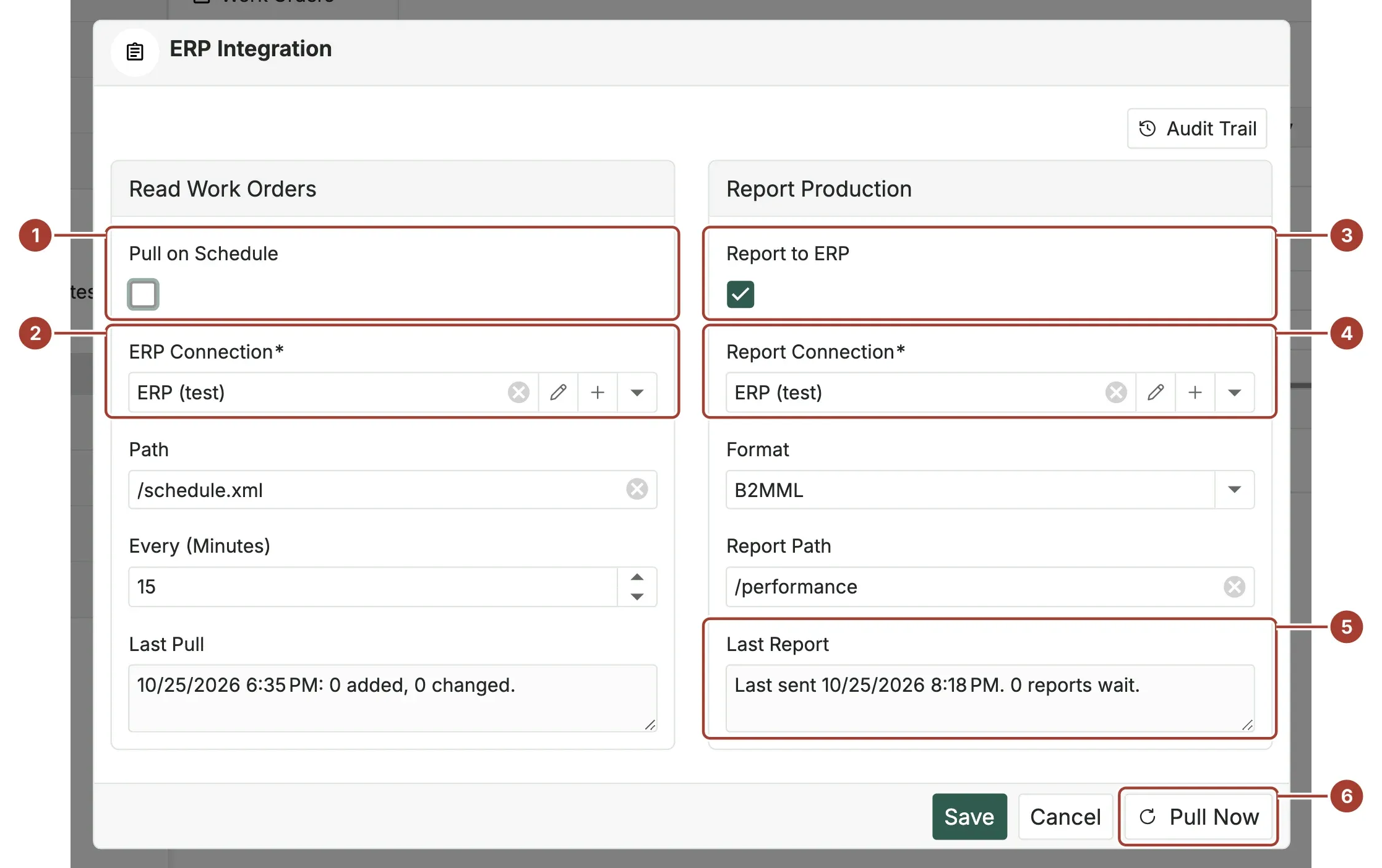 The ERP Integration dialog: Read Work Orders with the ERP (test) REST connection and the path /schedule.xml, and Report Production switched on, sending B2MML to /performance