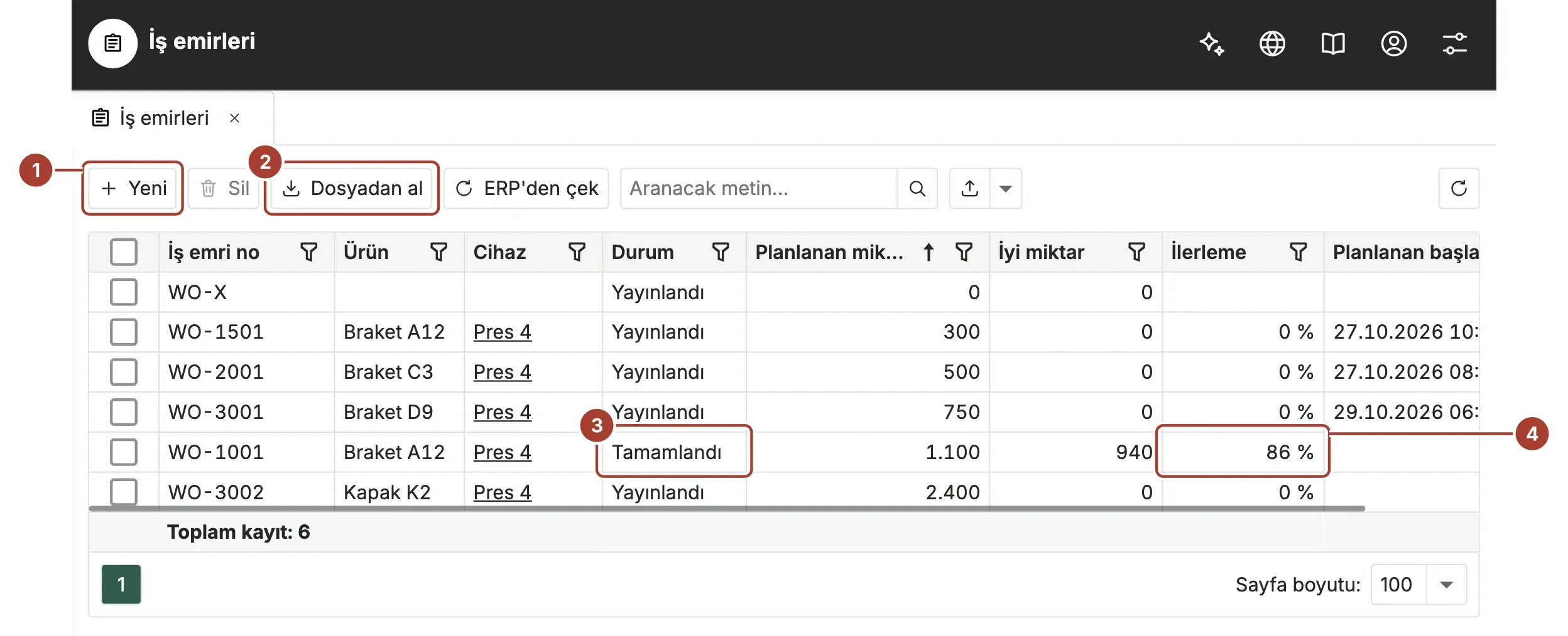 İş emirleri listesi: Pres 4'te Braket A12 için WO-1001 emri tamamlanmış, 1.000 planlanan, 940 iyi, ilerleme yüzde 94