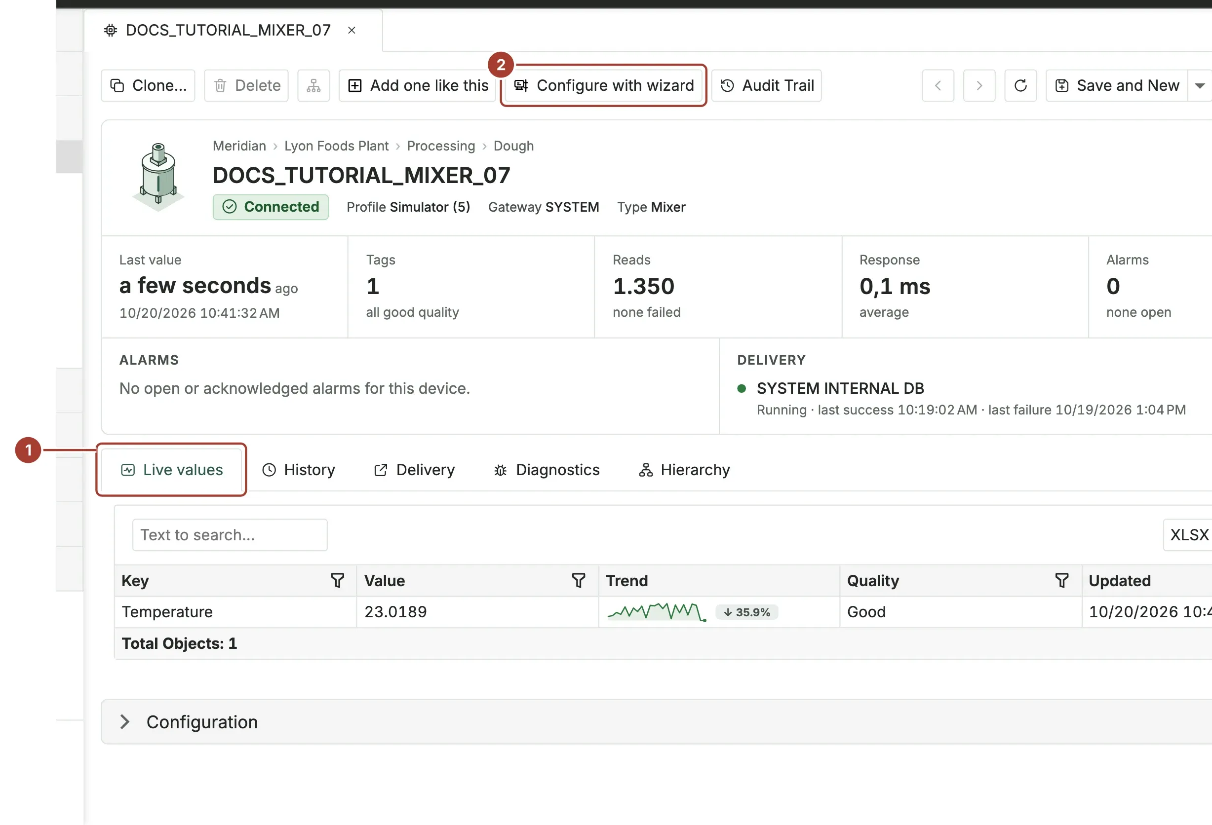 The device page of DOCS_TUTORIAL_MIXER_01 showing Connected, the summary figures and the live values of Level, Speed and Temperature