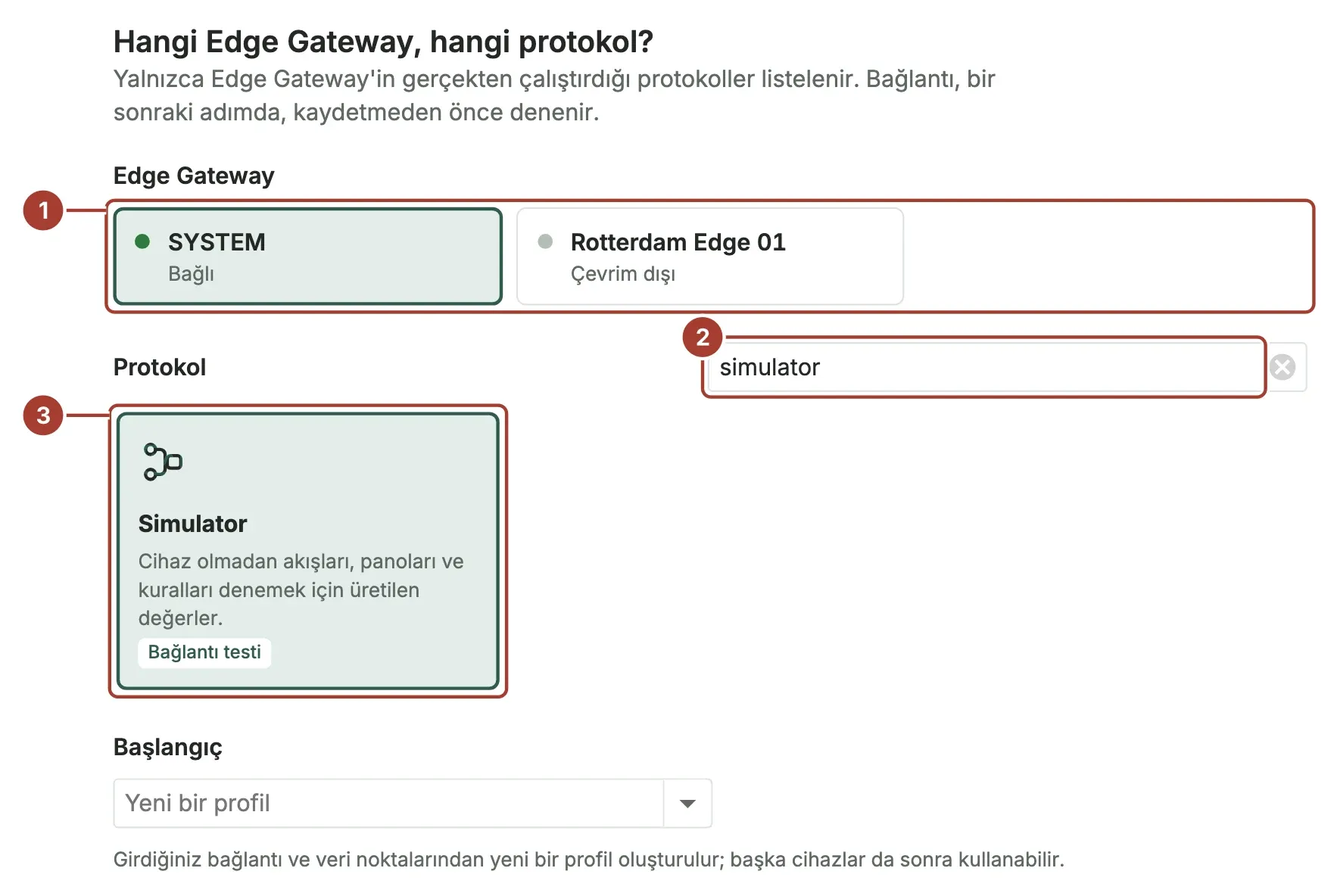 Sihirbazın ilk adımı: SYSTEM Edge Gateway'i seçili, protokol arama kutusuna simulator yazılmış ve Simulator kartı seçili